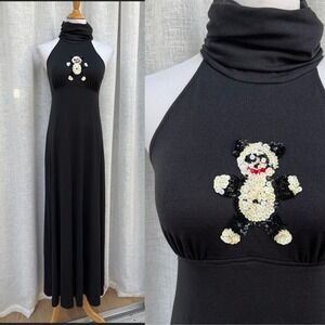 1970 Shawn Jrs. Black sleeveless turtle neck dress sequin black white panda bear